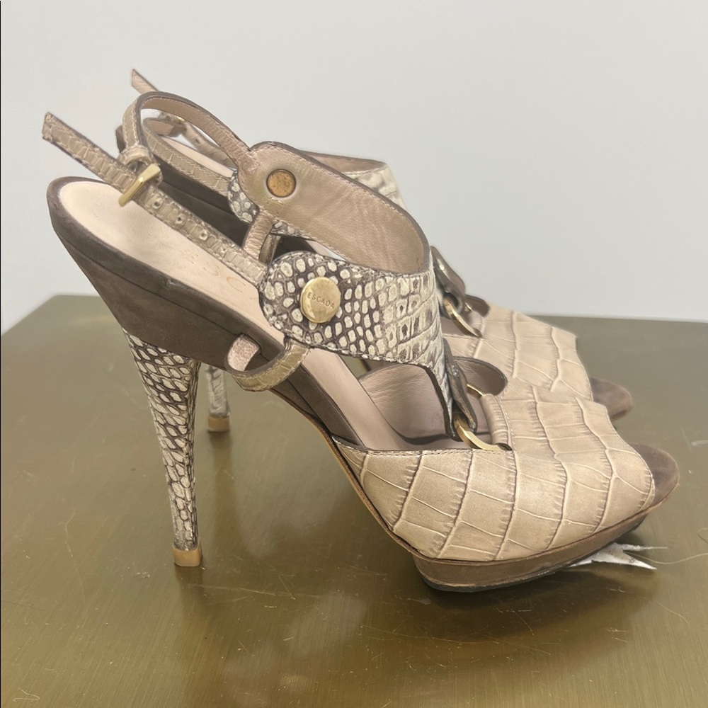 Escada Beige and Brown Croc-Embossed Heels